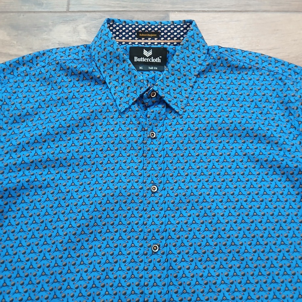 Buttercloth Shirt Mens Extra Large Tall Blue Propeller AOP Robert Herjavec